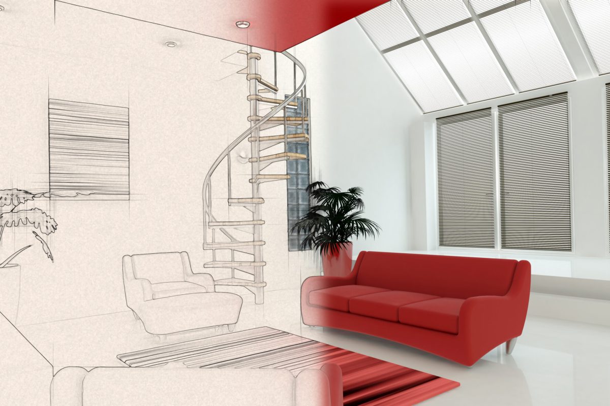 3D render of a contemporary interior with half in sketch phase